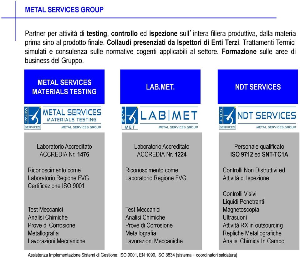 METAL SERVICES MATERIALS TESTING LAB.MET. NDT SERVICES Laboratorio Accreditato ACCREDIA Nr.