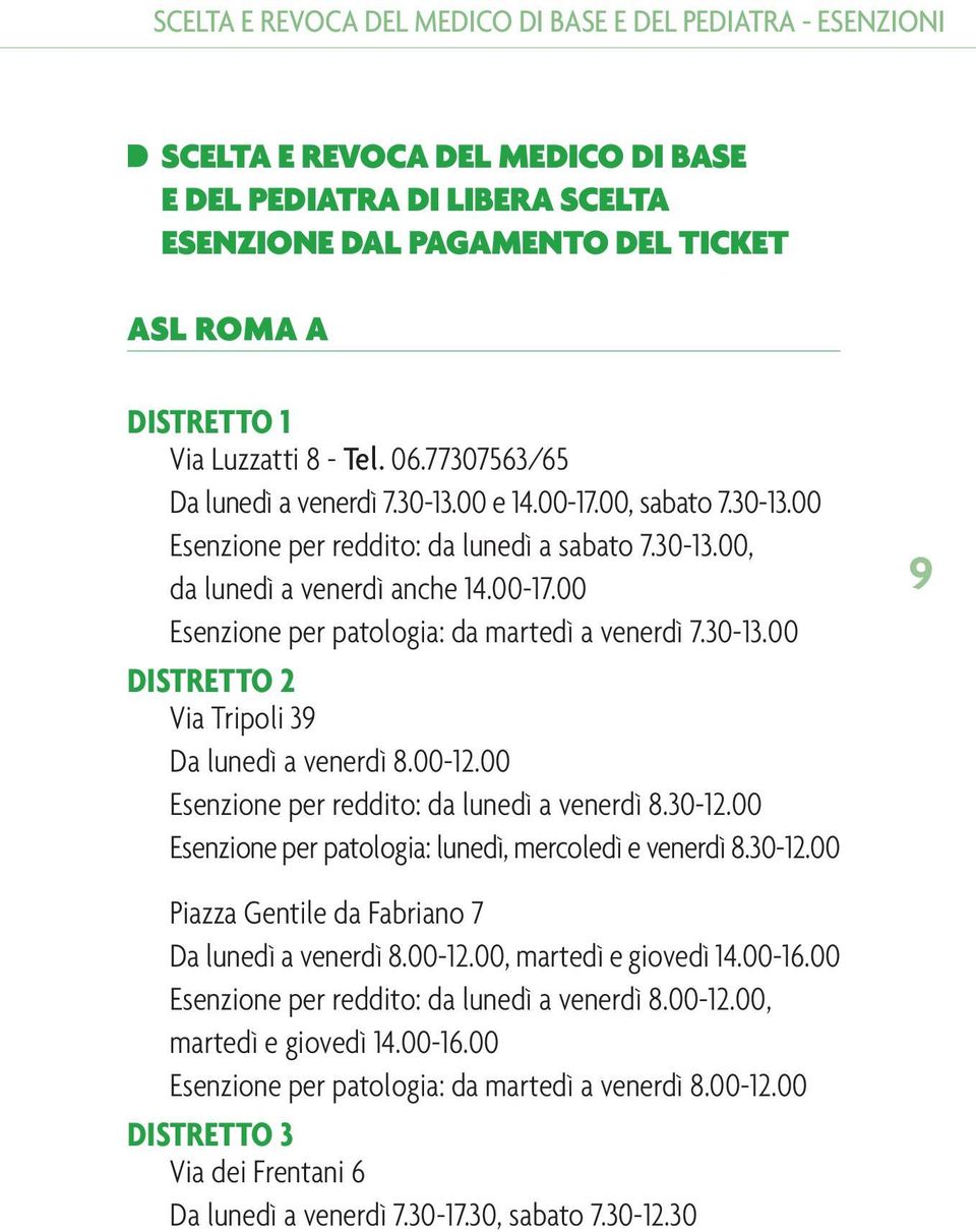 30-13.00 DISTRETTO 2 Via Tripoli 39 Da lunedì a venerdì 8.00-12.00 Esenzione per reddito: da lunedì a venerdì 8.30-12.00 Esenzione per patologia: lunedì, mercoledì e venerdì 8.30-12.00 9 Piazza Gentile da Fabriano 7 Da lunedì a venerdì 8.