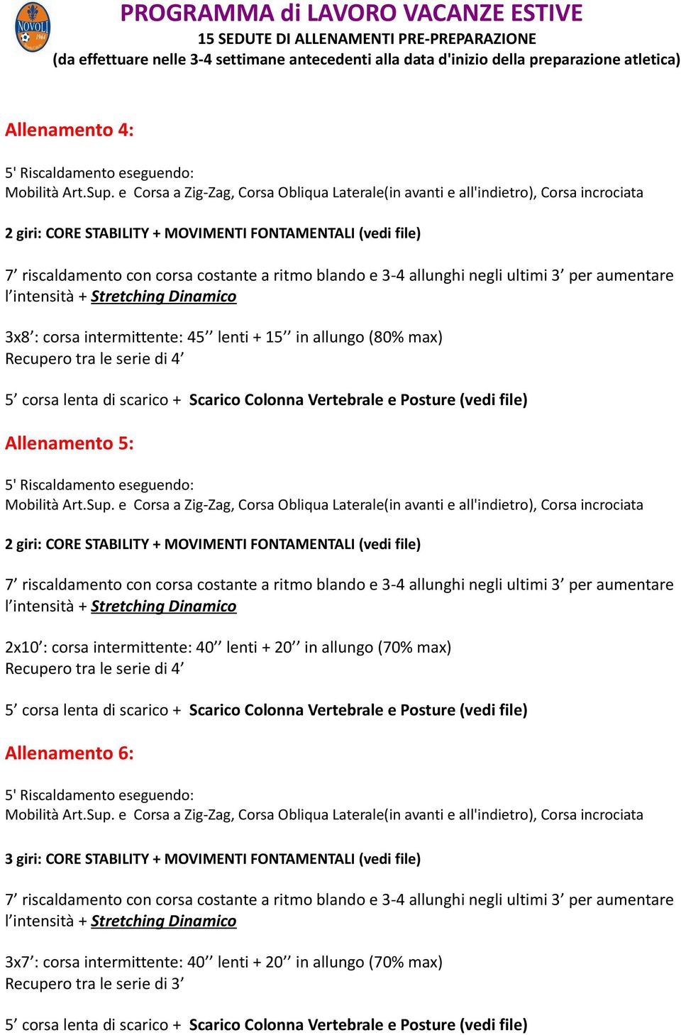 MOVIMENTI FONTAMENTALI (vedi file) 2x10 : corsa intermittente: 40 lenti + 20 in allungo (70% max) Recupero