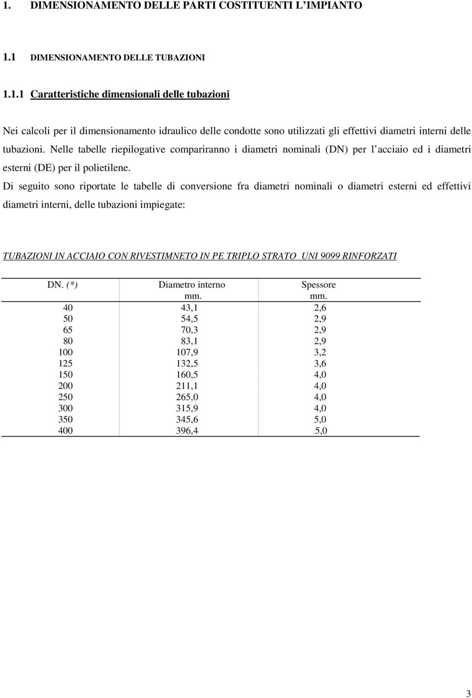 Di seguito sono riportate le tabelle di conversione fra diametri nominali o diametri esterni ed effettivi diametri interni, delle tubazioni impiegate: TUBAZIONI IN ACCIAIO CON RIVESTIMNETO IN PE