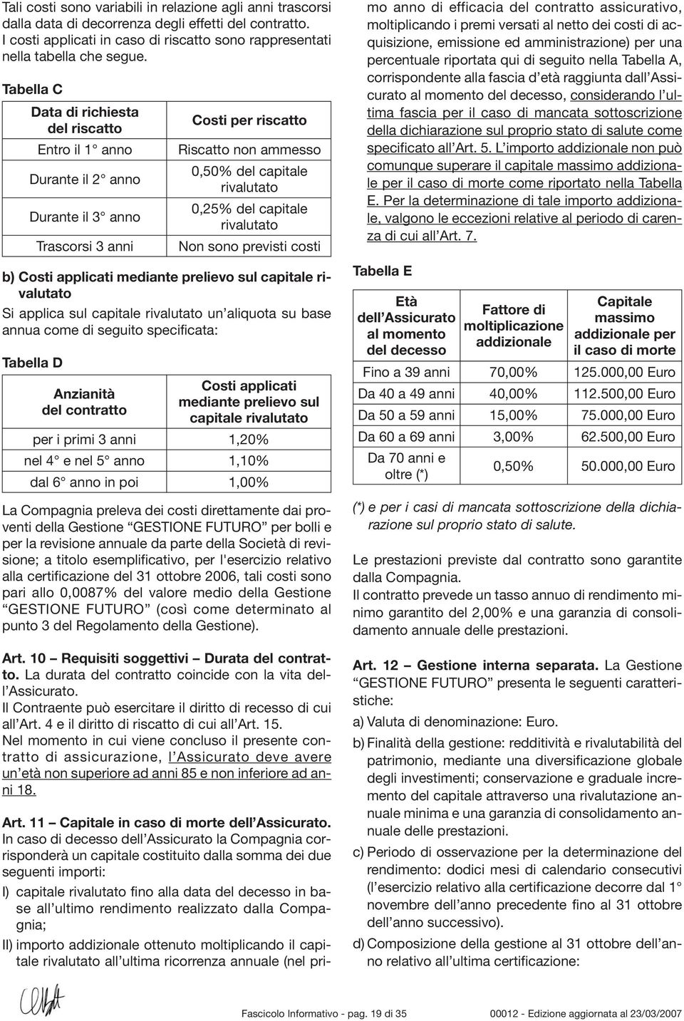 aliquota su base annua come di seguito specificata: Tabella D Trascorsi 3 anni Anzianità del contratto Costi per riscatto Riscatto non ammesso 0,50% del capitale rivalutato 0,25% del capitale