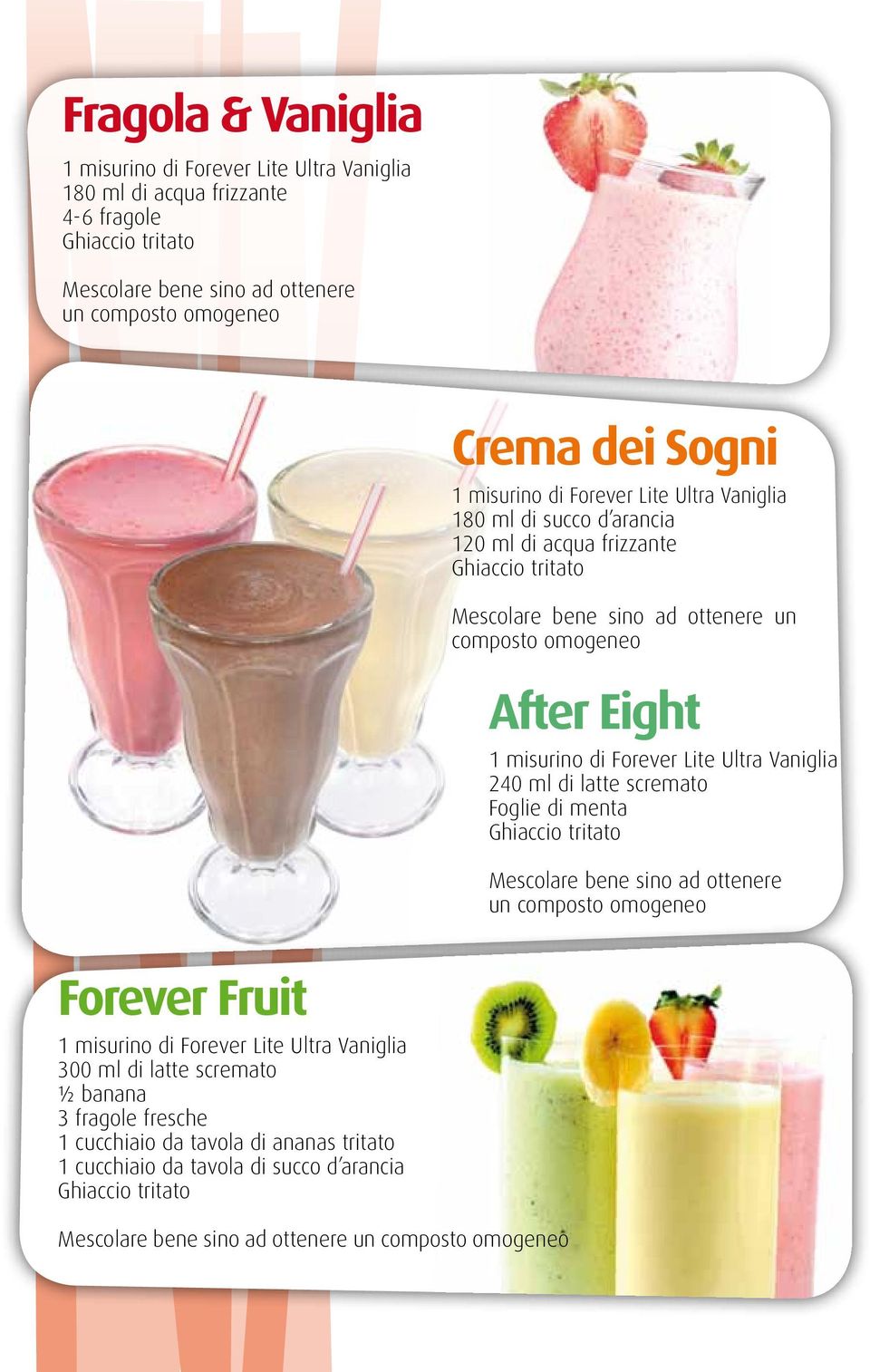 scremato Foglie di menta Mescolare bene sino ad ottenere un composto omogeneo Forever Fruit 300 ml di latte scremato ½ banana 3