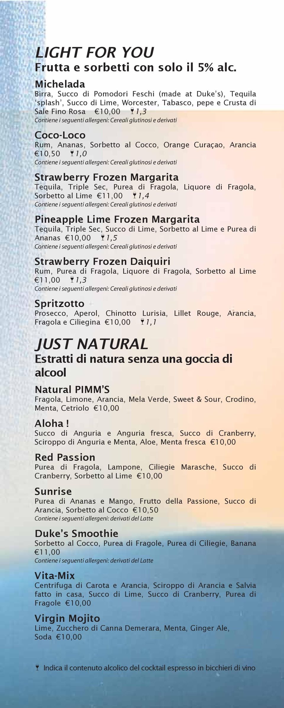 Cocco, Orange Curaçao, Arancia 10,50 1,0 e derivati Strawberry Frozen Margarita Tequila, Triple Sec, Purea di Fragola, Liquore di Fragola, Sorbetto al Lime 11,00 1,4 e derivati Pineapple Lime Frozen