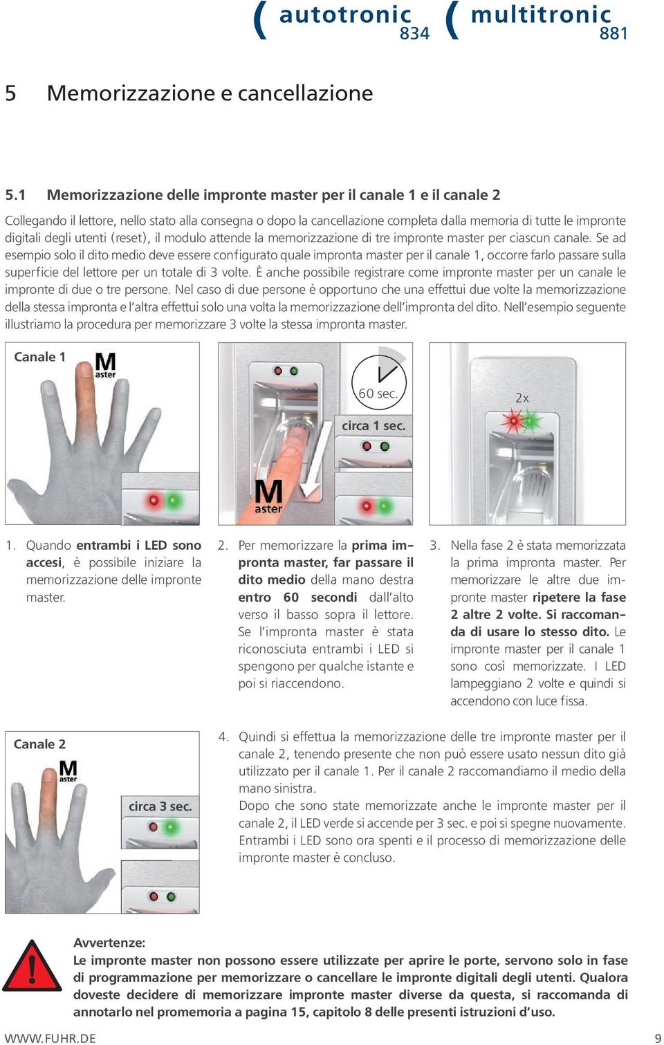 degli utenti (reset), il modulo attende la memorizzazione di tre impronte master per ciascun canale.