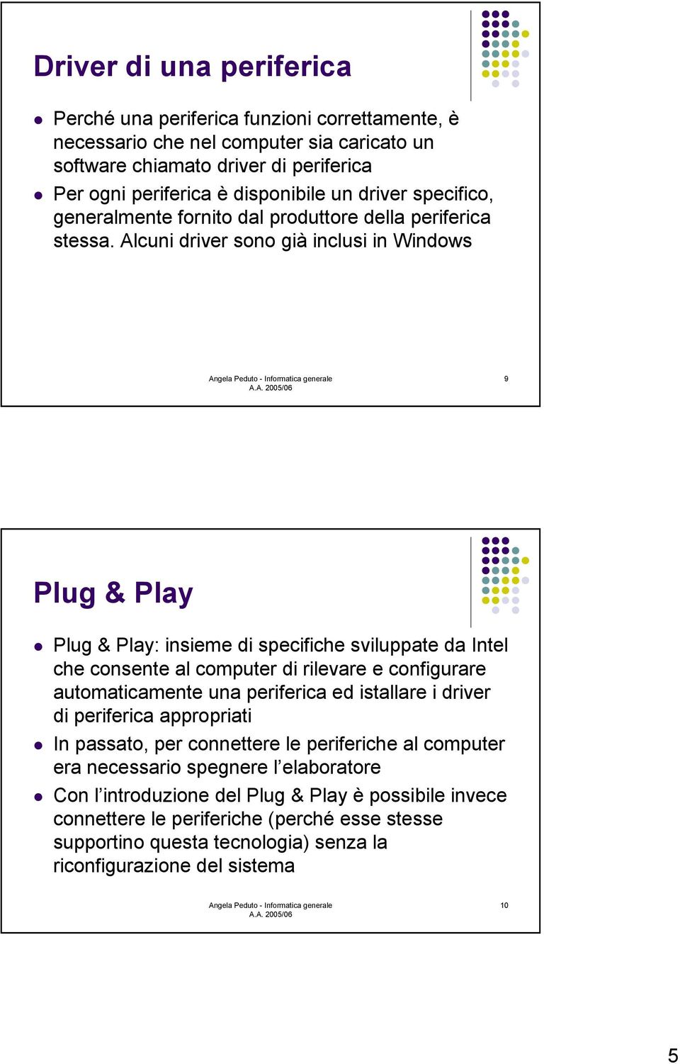 Plug & Play: insieme di specifiche sviluppate da Intel che consente al computer di rilevare e configurare automaticamente una periferica ed istallare i driver di periferica appropriati!