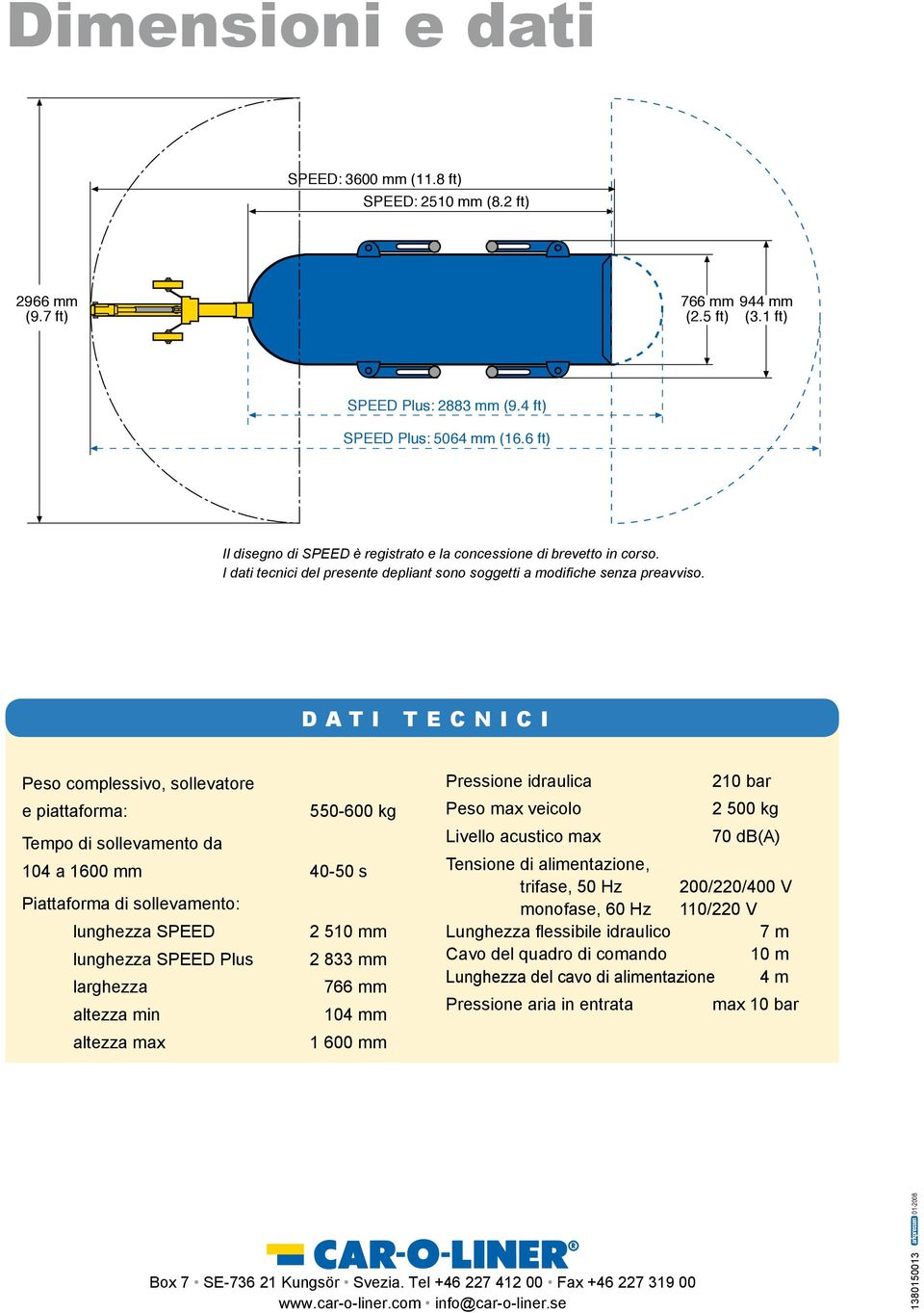 Dati TecnicI Peso complessivo, sollevatore e piattaforma: 550-600 kg Tempo di sollevamento da 104 a 1600 mm 40-50 s Piattaforma di sollevamento: lunghezza SPEED 2 510 mm lunghezza SPEED Plus 2 833 mm