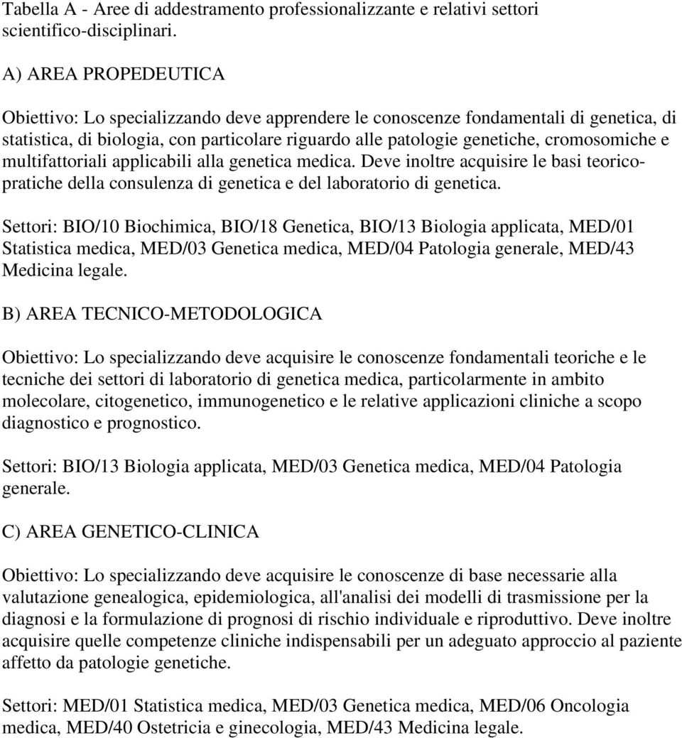 multifattoriali applicabili alla genetica medica. Deve inoltre acquisire le basi teoricopratiche della consulenza di genetica e del laboratorio di genetica.