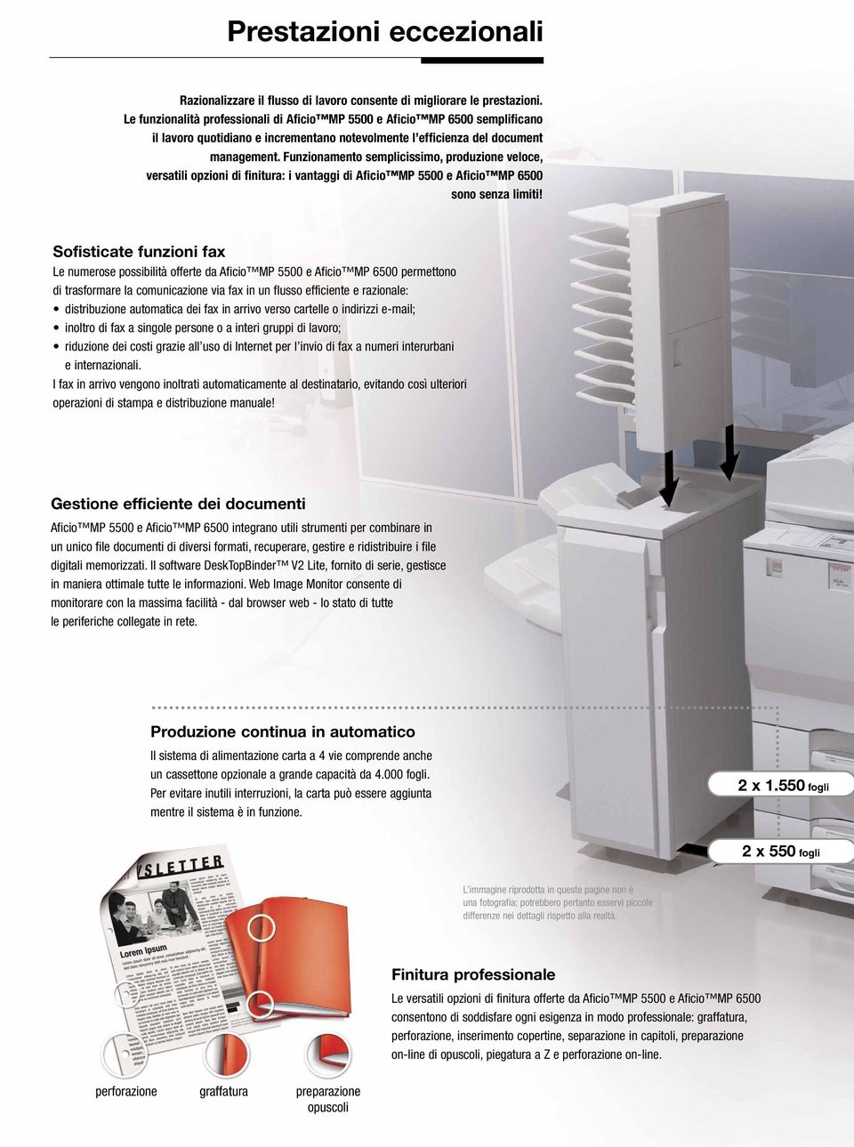 Funzionamento semplicissimo, produzione veloce, versatili opzioni di finitura: i vantaggi di Aficio MP 5500 e Aficio MP 6500 sono senza limiti!
