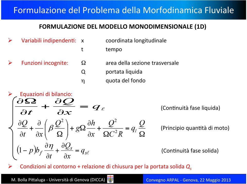 2 Q Q + h + β gω + t x Ω x η Qs ( 1 p ) bf + = qs t x q Q ΩC Condizioni al contorno + relazione di chiusura per la portata solida Q s 2 2 R = q l Q Ω