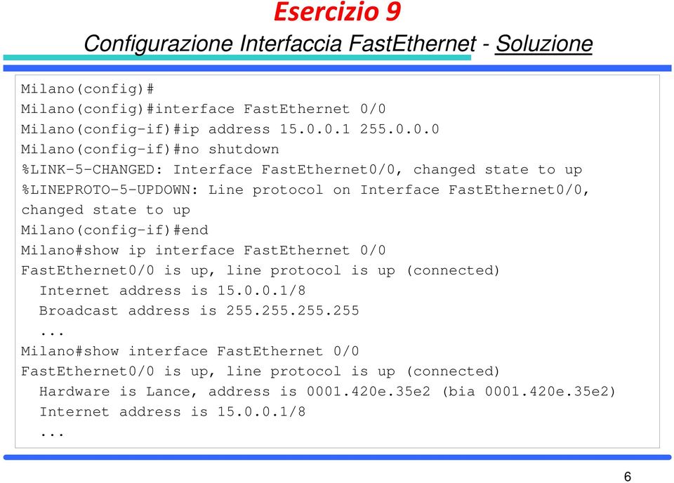 Interface FastEthernet0/0, changed state to up Milano(config-if)#end Milano#show ip interface FastEthernet 0/0 FastEthernet0/0 is up, line protocol is up (connected) Internet address