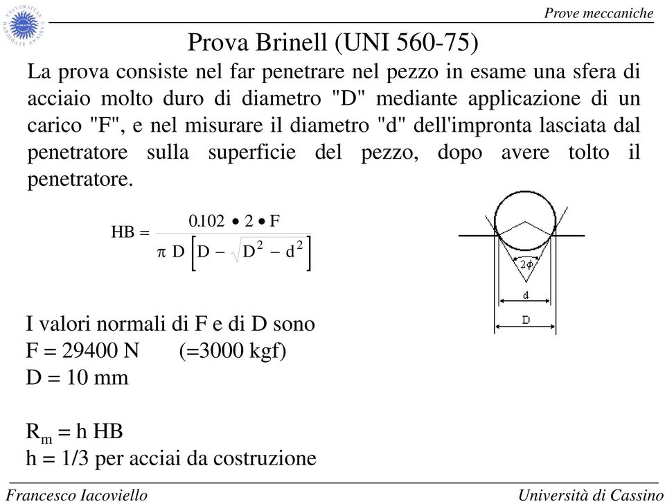 dell'impronta lasciata dal penetratore sulla superficie del pezzo, dopo avere tolto il penetratore. HB = 0102.