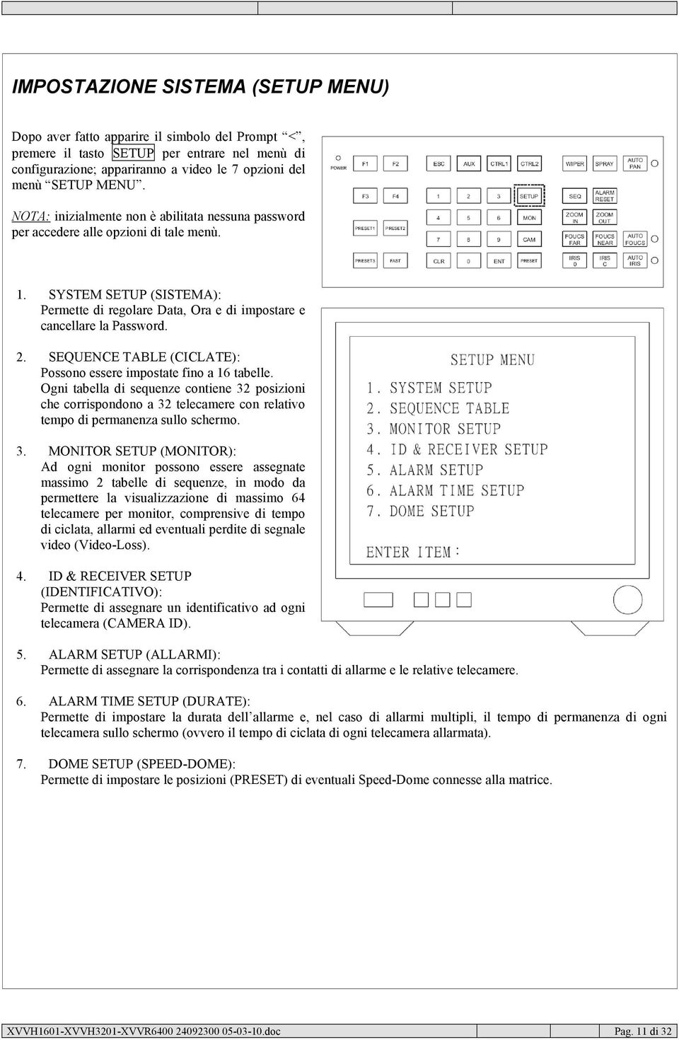 SEQUENCE TABLE (CICLATE): Possono essere impostate fino a 16 tabelle. Ogni tabella di sequenze contiene 32 posizioni che corrispondono a 32 telecamere con relativo tempo di permanenza sullo schermo.