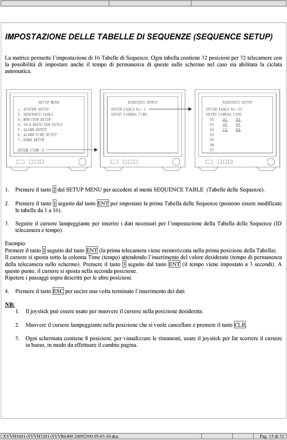 Premere il tasto 2 dal SETUP MENU per accedere al menù SEQUENCE TABLE (Tabelle delle Sequenze). 2. Premere il tasto 1 seguito dal tasto ENT per impostare la prima Tabella delle Sequenze (possono essere modificate le tabelle da 1 a 16).