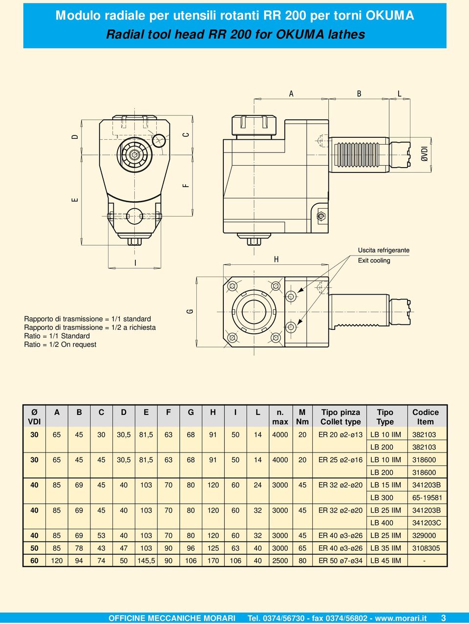 M Tipo pinza Tipo Codice VDI max Nm Collet type Type Item 30 65 45 30 30,5 81,5 63 68 91 50 14 4000 20 ER 20 ø2-ø13 LB 10 IIM 382103 LB 200 382103 30 65 45 45 30,5 81,5 63 68 91 50 14 4000 20 ER 25