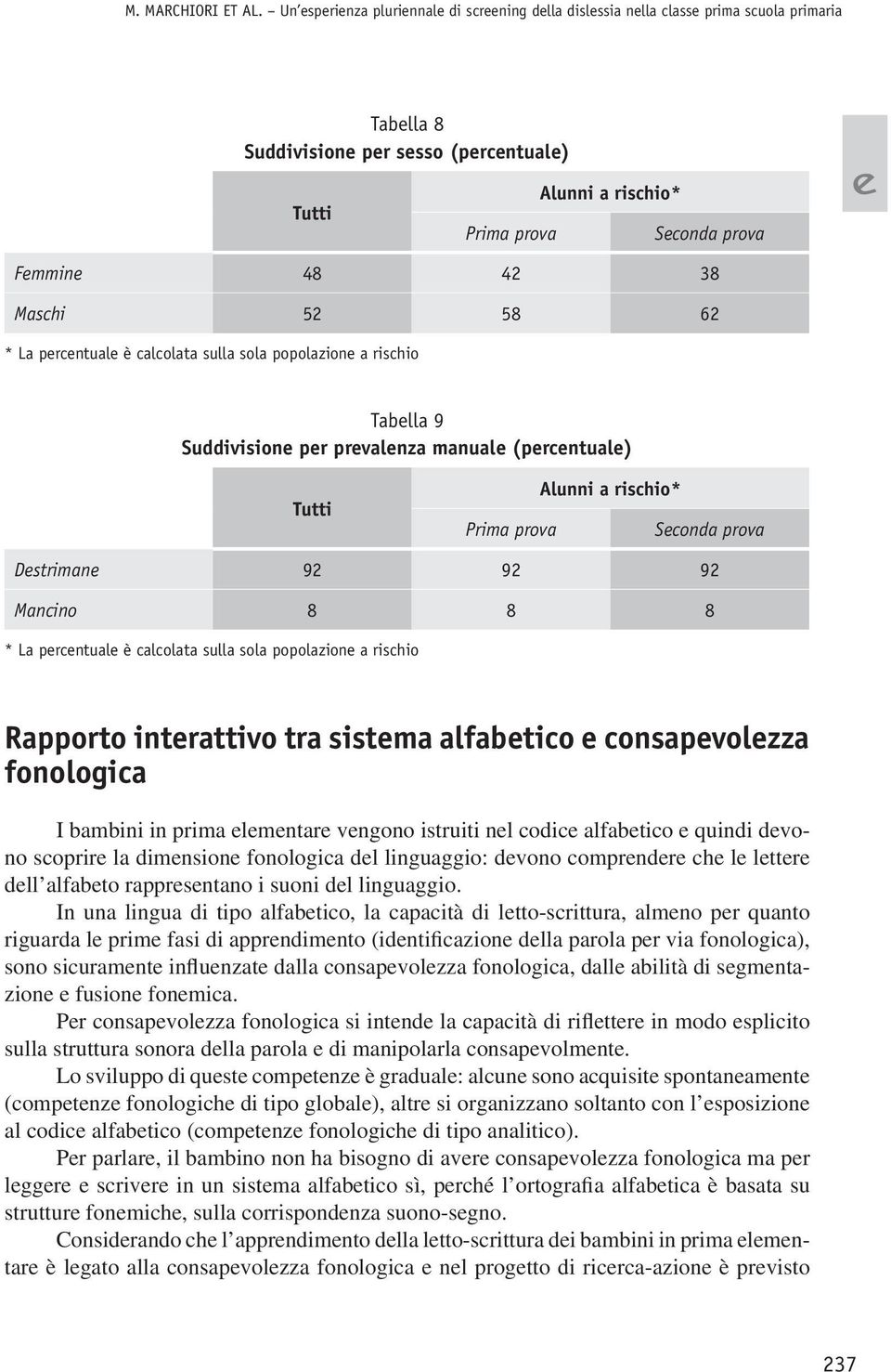 * La prcntual è calcolata sulla sola popolazion a rischio Tablla 9 Suddivision pr prvalnza manual (prcntual) Tutti Prima prova Alunni a rischio* Sconda prova Dstriman 92 92 92 Mancino 8 8 8 * La