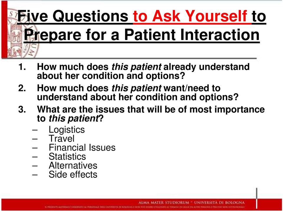 How much does this patient want/need to understand about her condition and options? 3.