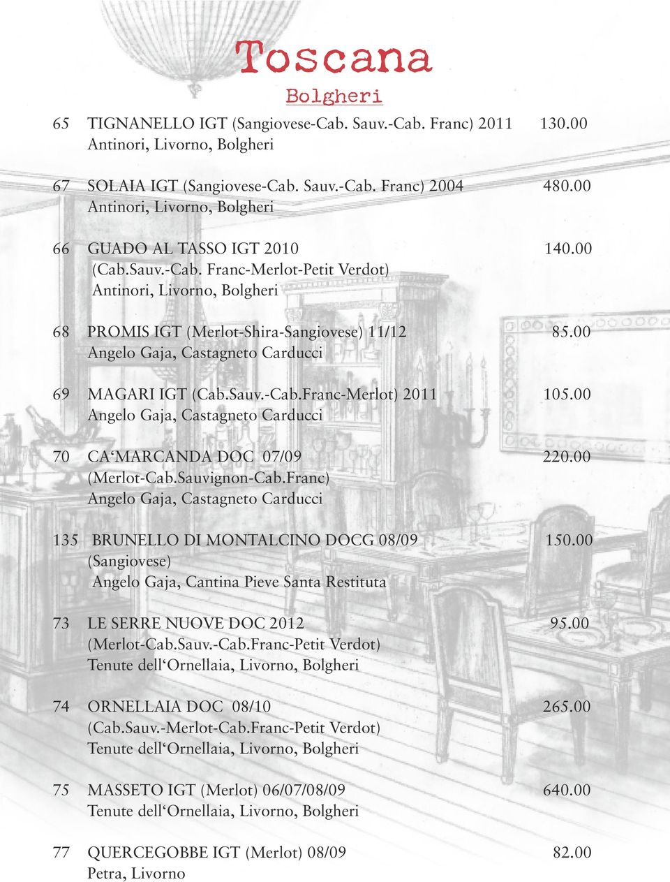 00 Angelo Gaja, Castagneto Carducci 69 MAGARI IGT (Cab.Sauv.-Cab.Franc-Merlot) 2011 105.00 Angelo Gaja, Castagneto Carducci 70 CA MARCANDA DOC 07/09 220.00 (Merlot-Cab.Sauvignon-Cab.