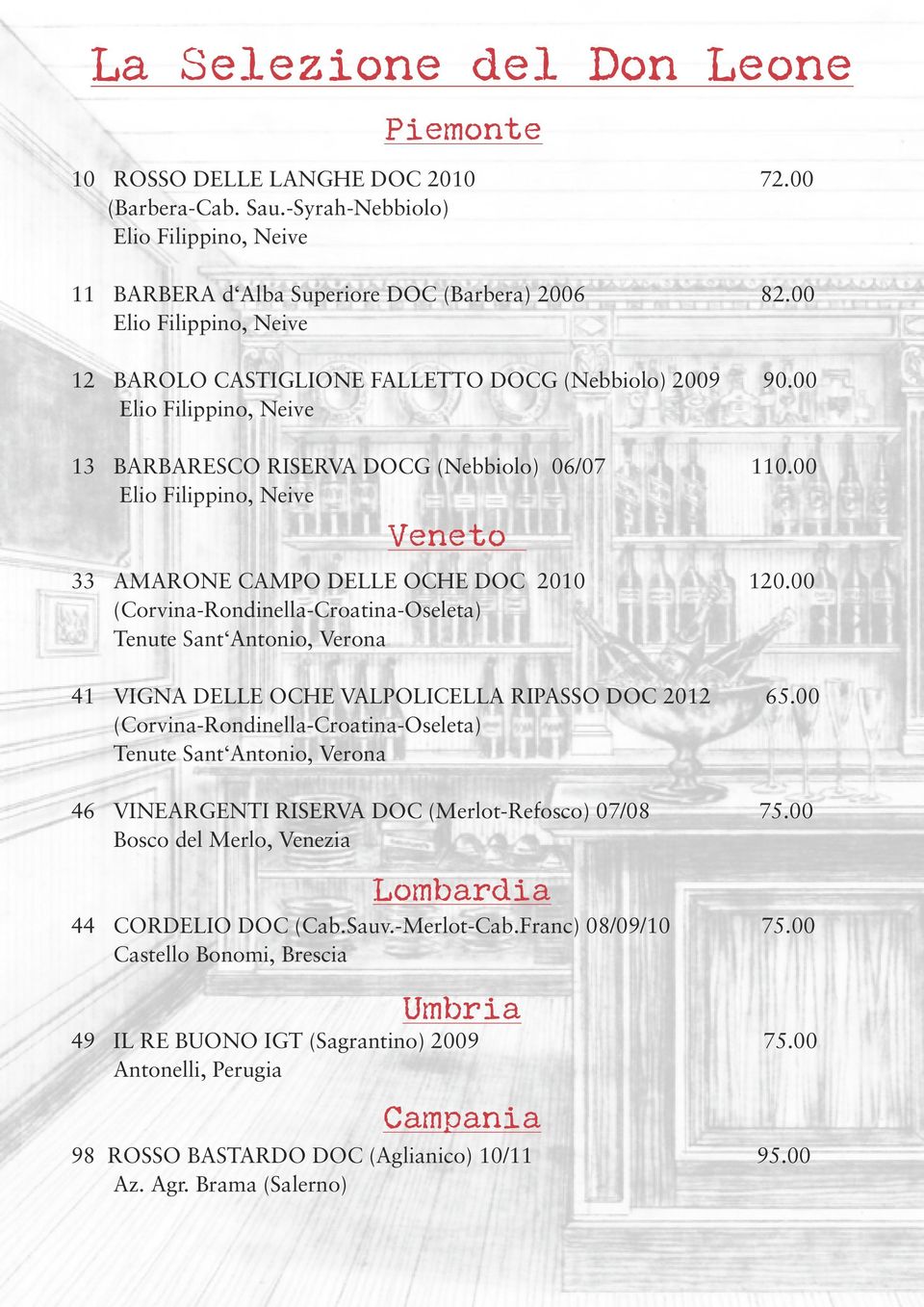 00 Elio Filippino, Neive Veneto 33 AMARONE CAMPO DELLE OCHE DOC 2010 120.00 (Corvina-Rondinella-Croatina-Oseleta) Tenute Sant Antonio, Verona 41 VIGNA DELLE OCHE VALPOLICELLA RIPASSO DOC 2012 65.