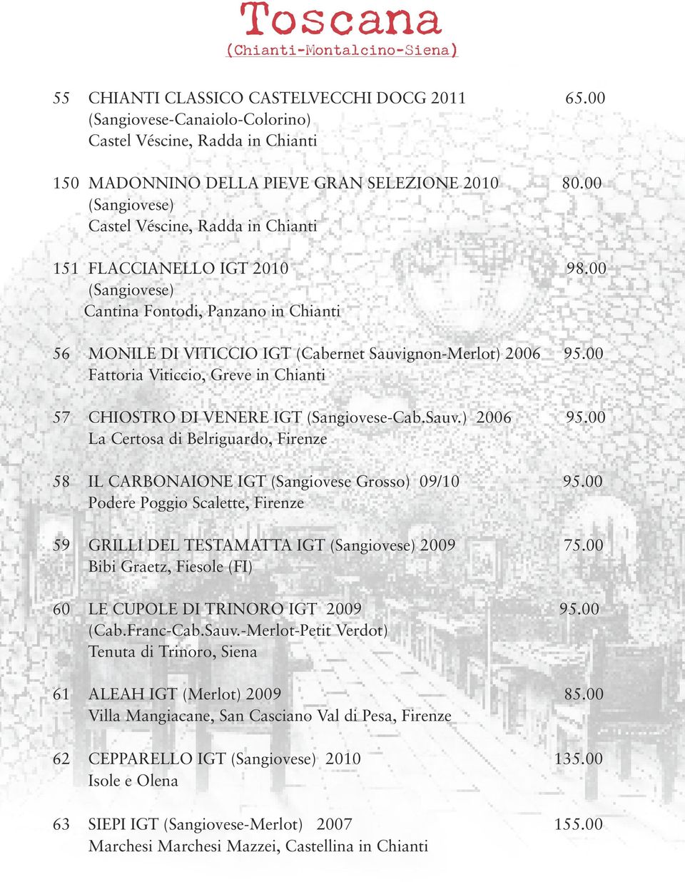 00 Fattoria Viticcio, Greve in Chianti 57 CHIOSTRO DI VENERE IGT (Sangiovese-Cab.Sauv.) 2006 95.00 La Certosa di Belriguardo, Firenze 58 IL CARBONAIONE IGT (Sangiovese Grosso) 09/10 95.