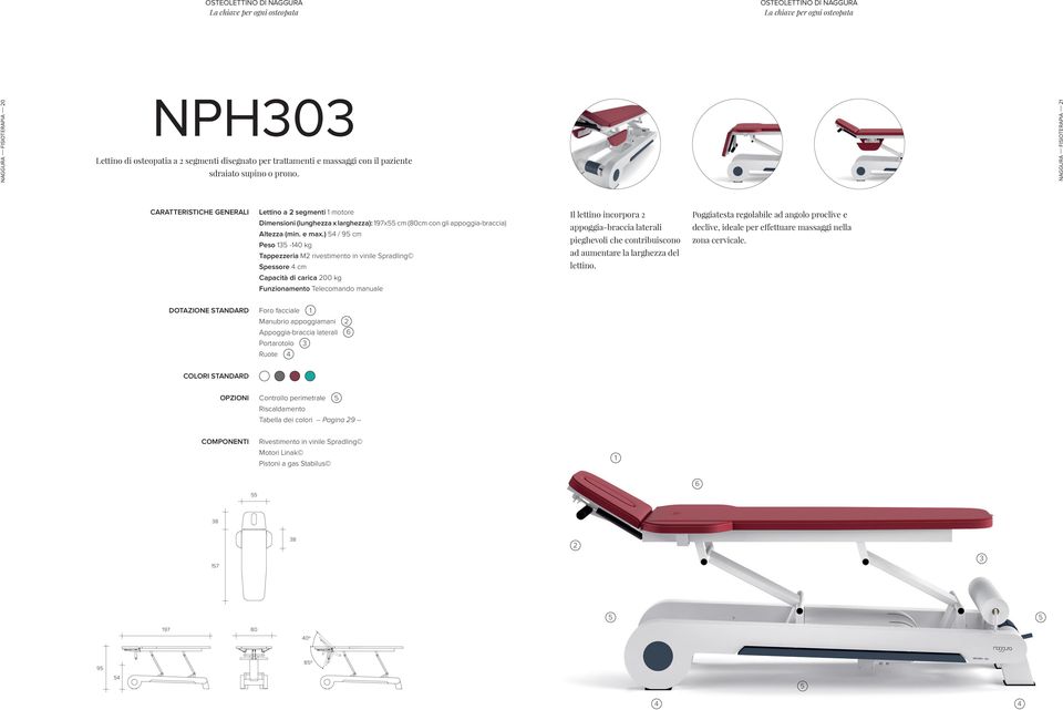 NAGGURA FISIOTERAPIA 21 CARATTERISTICHE GENERALI Lettino a 2 segmenti 1 motore Dimensioni (lunghezza x larghezza): 197x cm (80cm con gli appoggia-braccia) Altezza (min. e max.