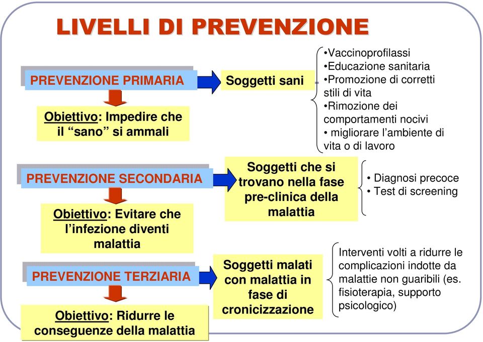 della malattia Soggetti malati con malattia in fase di cronicizzazione Vaccinoprofilassi Educazione sanitaria Promozione di corretti stili di vita Rimozione dei comportamenti nocivi