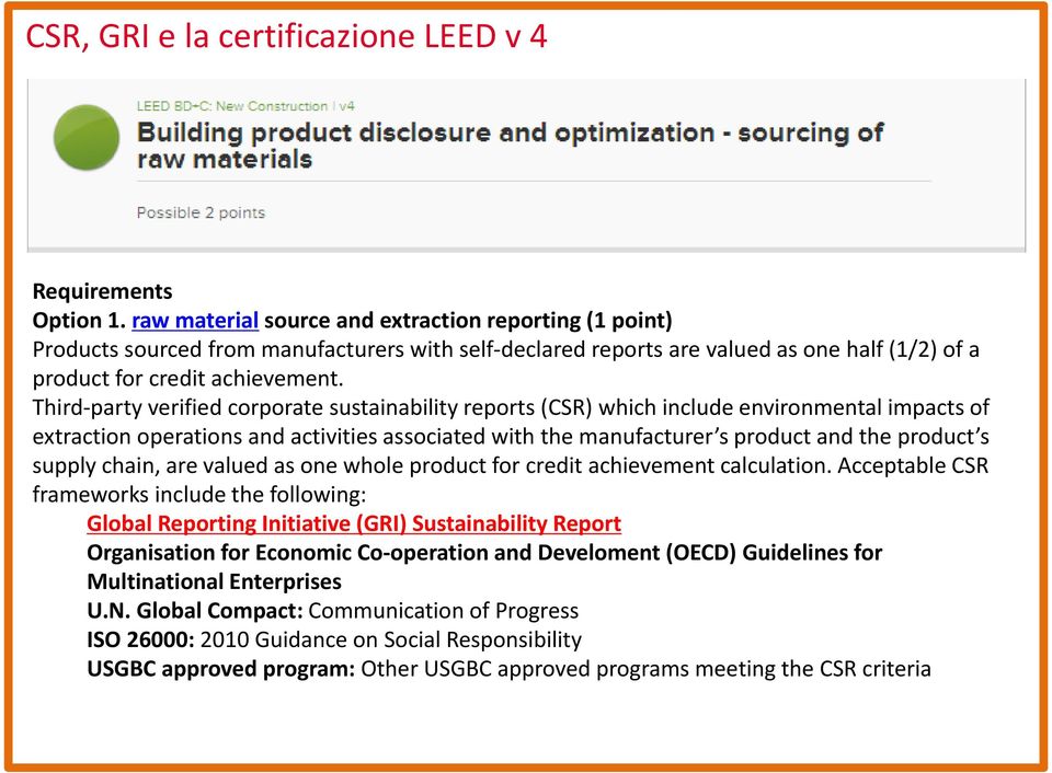 Third party verified corporate sustainability reports (CSR) which include environmental impacts of extraction operations and activities associated with the manufacturer s product and the product s