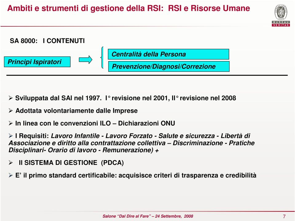 I revisione nel 2001, II revisione nel 2008 Adottata volontariamente dalle Imprese In linea con le convenzioni ILO Dichiarazioni ONU I Requisiti: Lavoro