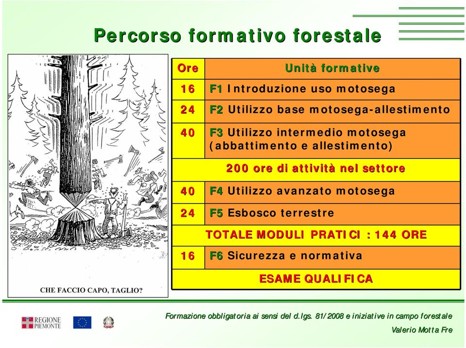 allestimento) 200 ore di attività nel settore 40 24 F4 Utilizzo avanzato motosega F5 Esbosco