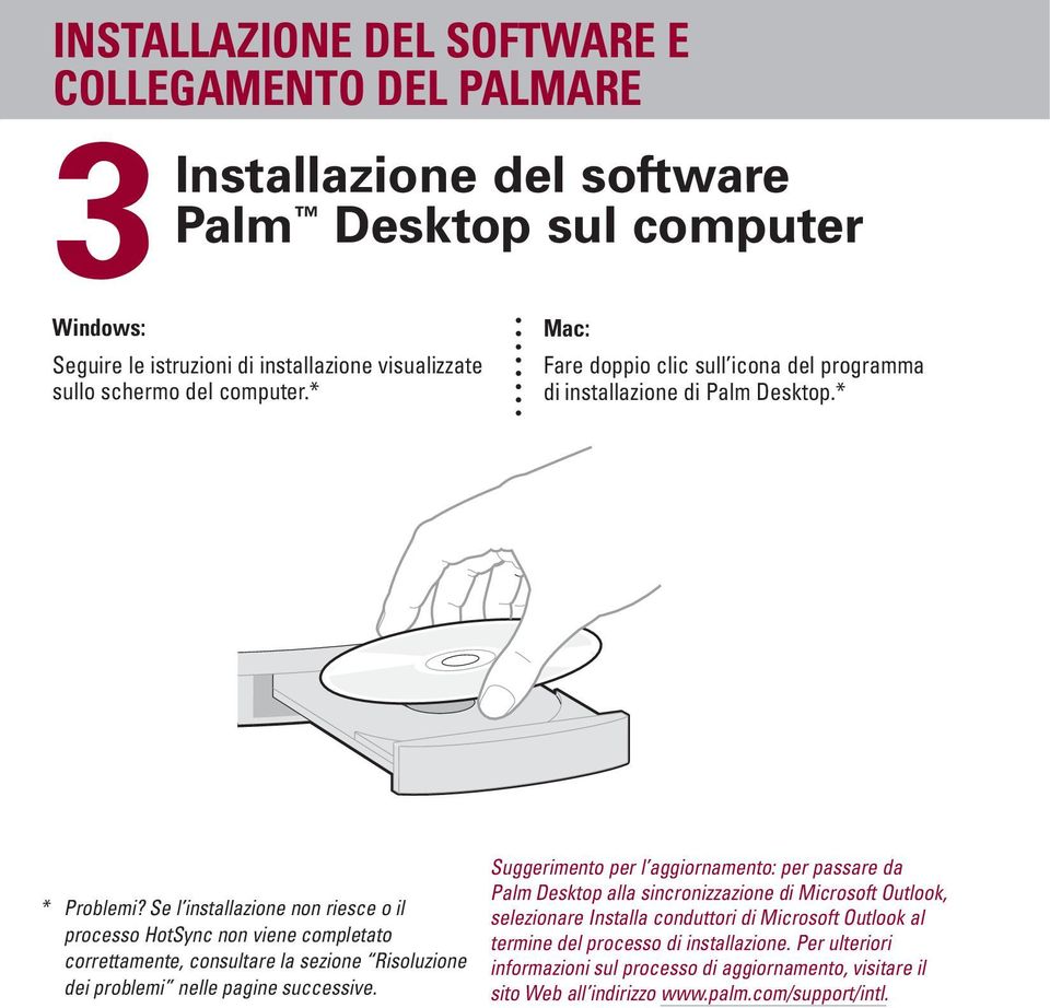 Se l installazione non riesce o il processo HotSync non viene completato correttamente, consultare la sezione Risoluzione dei problemi nelle pagine successive.