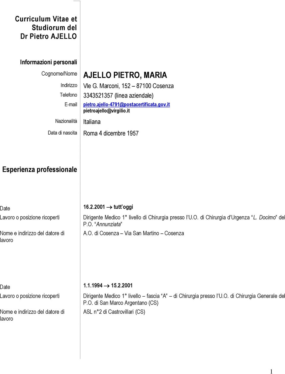 it Italiana Data di nascita Rma 4 dicembre 1957 Esperienza prfessinale Date 16.2.2001 tutt ggi Dirigente Medic 1 livell di Chirurgia press l U.O.