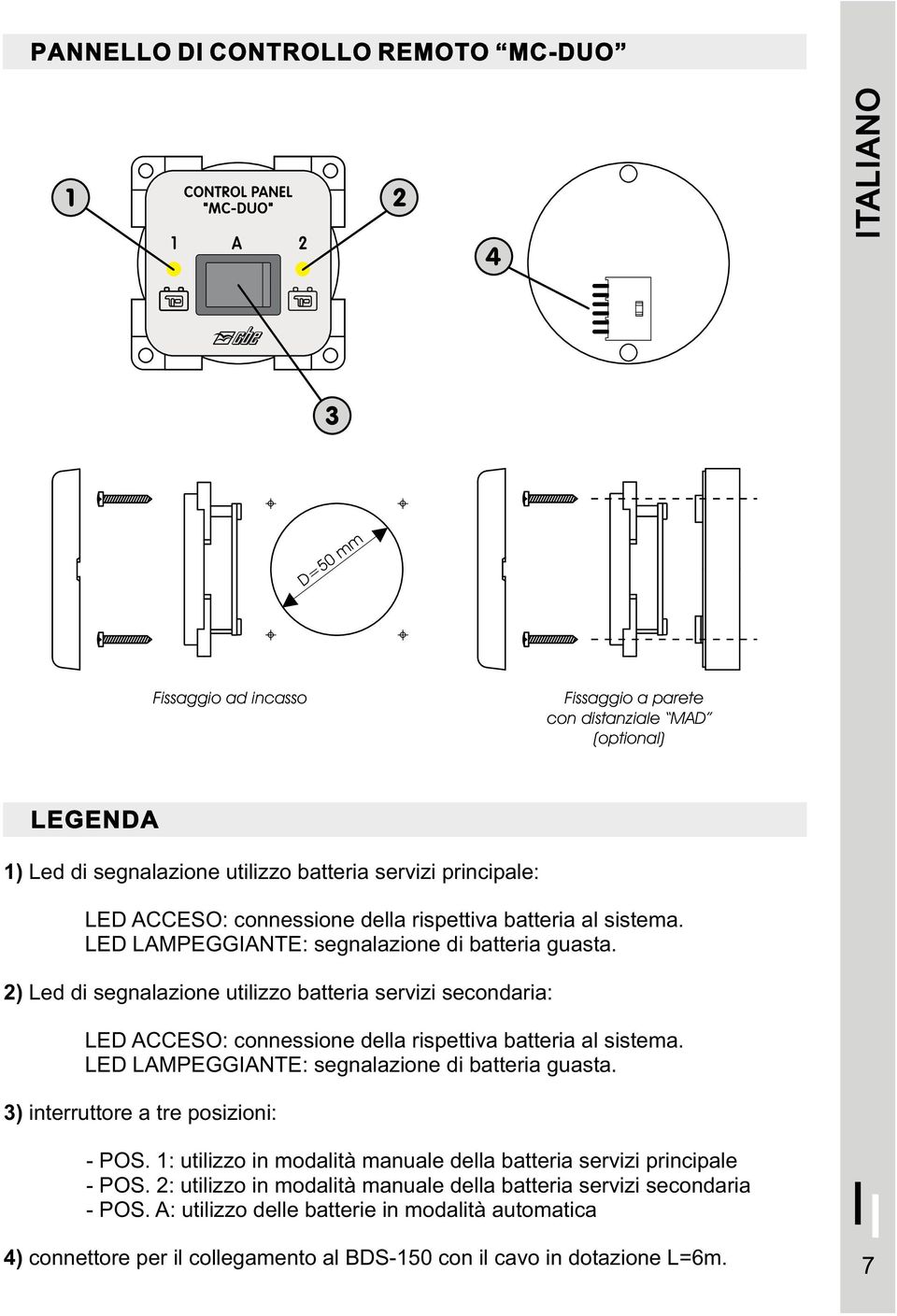 2) Led di segnalazione utilizzo batteria servizi secondaria: LED ACCESO: connessione della rispettiva batteria al sistema. LED LAMPEGGIANTE: segnalazione di batteria guasta.