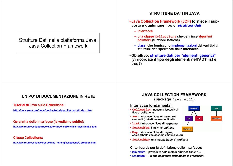 "elementi generici (vi ricordate il tipo degli elementi nell ADT list e tree?) UN PO DI DOCUMENTAZIONE IN RETE Tutorial di Java sulle Collections: http://java.sun.