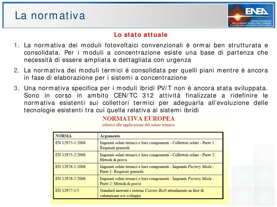 La normativa dei moduli termici è consolidata per quelli piani mentre è ancora in fase di elaborazione per i sistemi a concentrazione 3.