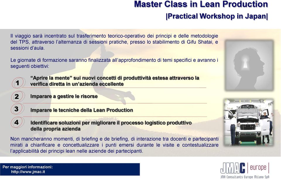 Le giornate di formazione saranno finalizzata all approfondimento di temi specifici e avranno i seguenti obiettivi: 1 2 3 4 Aprire la mente sui nuovi concetti di produttività estesa attraverso la