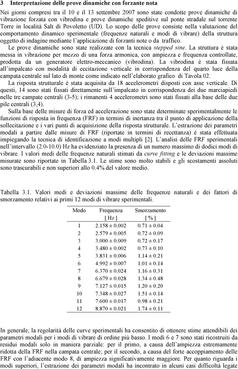 Lo scopo delle prove consiste nella valutazione del comportamento dinamico sperimentale (frequenze naturali e modi di vibrare) della struttura oggetto di indagine mediante l applicazione di forzanti