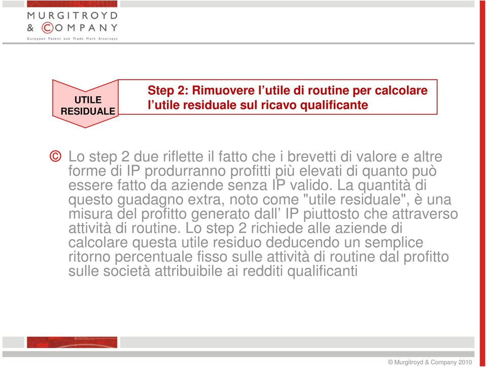 La quantità di questo guadagno extra, noto come "utile residuale", è una misura del profitto generato dall IP piuttosto che attraverso attività di routine.