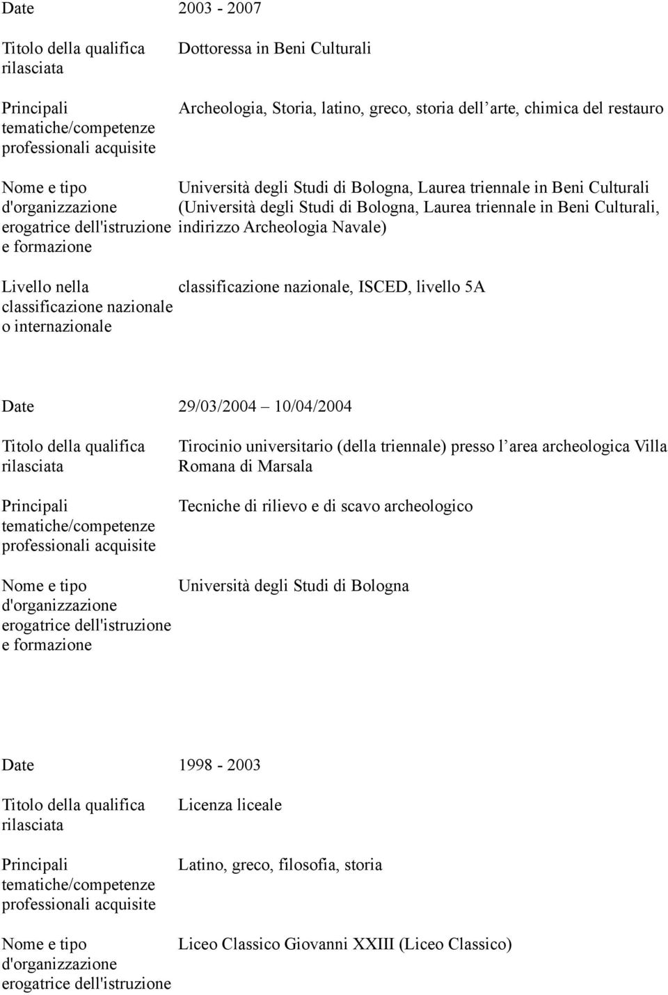 classificazione nazionale o internazionale Date 29/03/2004 10/04/2004 Tirocinio universitario (della triennale) presso l area archeologica Villa Romana di Marsala Tecniche di