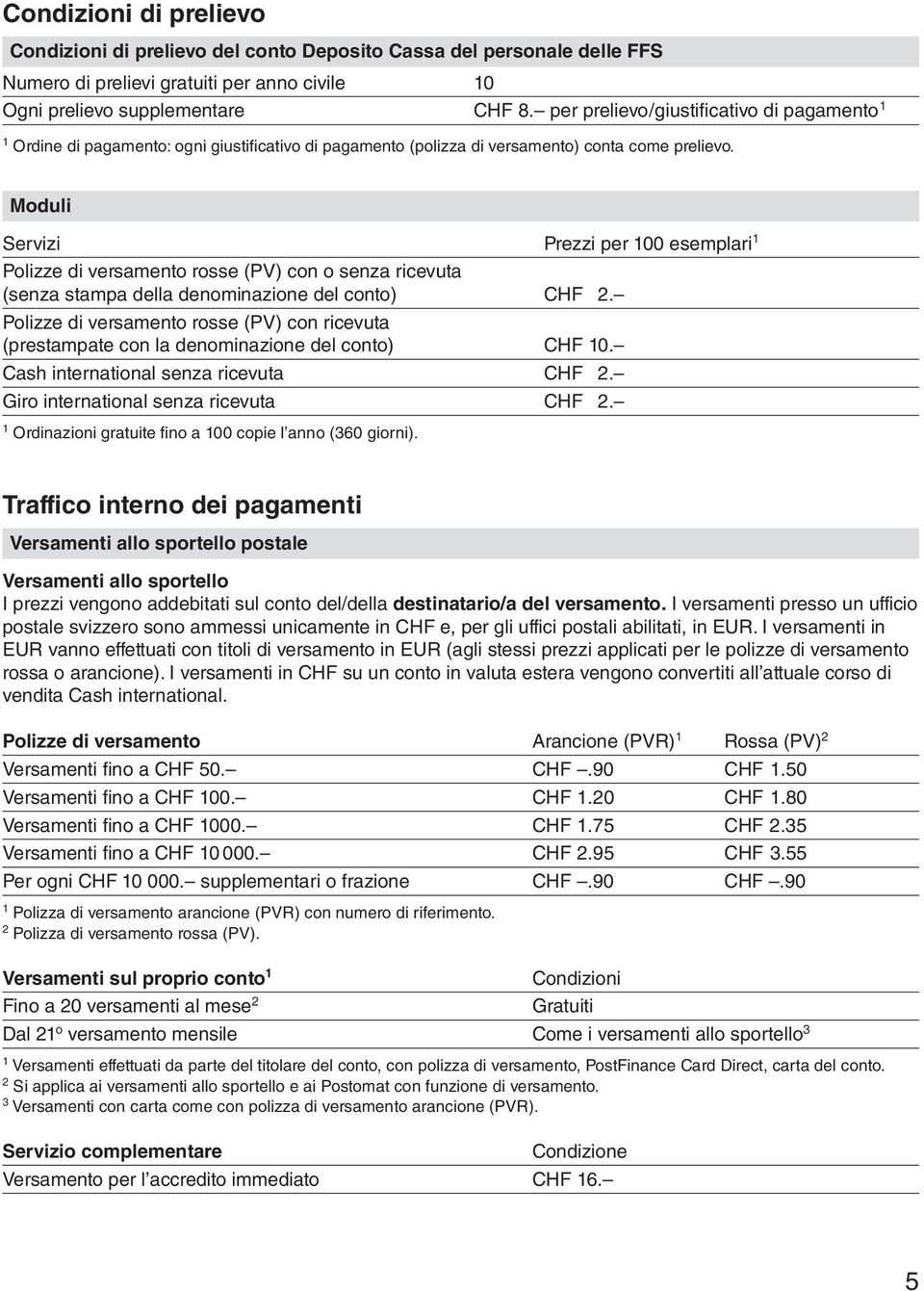 Moduli Servizi Prezzi per 100 esemplari 1 Polizze di versamento rosse (PV) con o senza ricevuta (senza stampa della denominazione del conto) CHF 2.