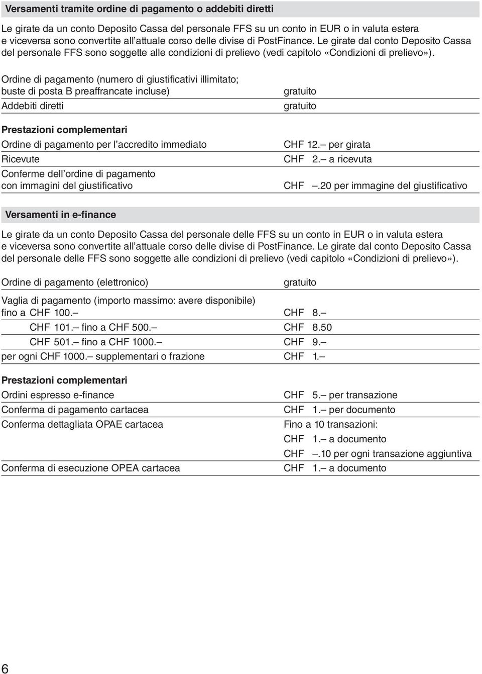 Ordine di pagamento (numero di giustificativi illimitato; buste di posta B preaffrancate incluse) Addebiti diretti Prestazioni complementari Ordine di pagamento per l accredito immediato Ricevute