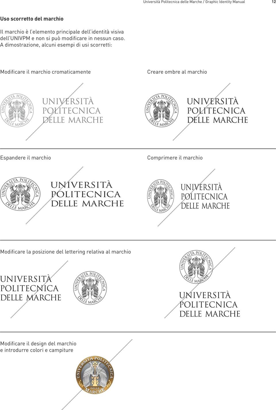 A dimostrazione, alcuni esempi di usi scorretti: Modificare il marchio cromaticamente Creare ombre al marchio