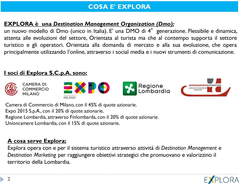 Orientata alla domanda di mercato e alla sua evoluzione, che opera principalmente utilizzando l online, attraverso i social media e i nuovi strumenti di comunicazione. I soci di Explora S.C.p.A.