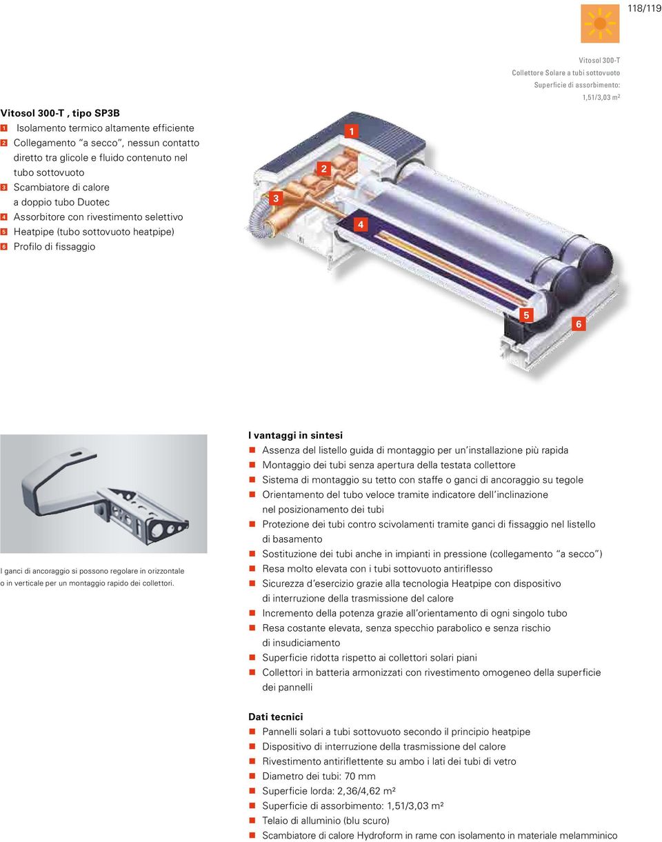 assorbimento: 1,51/3,03 m 2 5 6 I ganci di ancoraggio si possono regolare in orizzontale o in verticale per un montaggio rapido dei collettori.