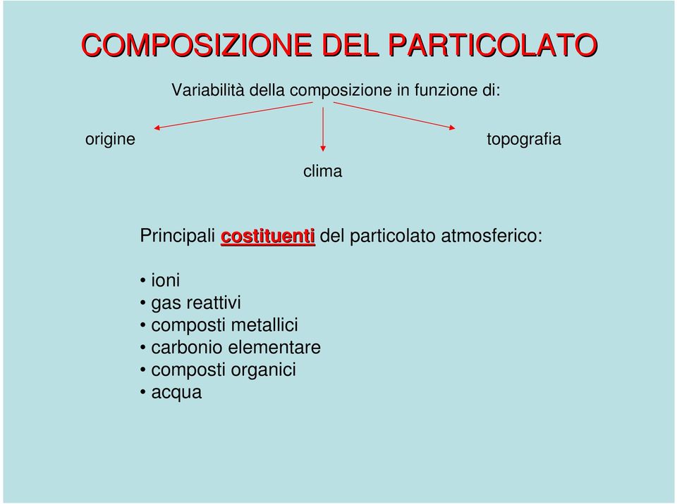 Principali costituenti del particolato atmosferico: ioni