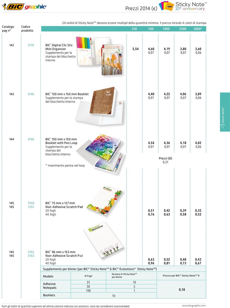 0,06 143 3745 BIC 150 mm x 150 mm Booklet Supplemento per la stampa del blocchetto interno 4,40 4,22 4,06 3,89 0,07 0,07 0,07 0,06 STICKY NOTE TM 17 144 3746 BIC 150 mm x 150 mm Booklet with Pen Loop