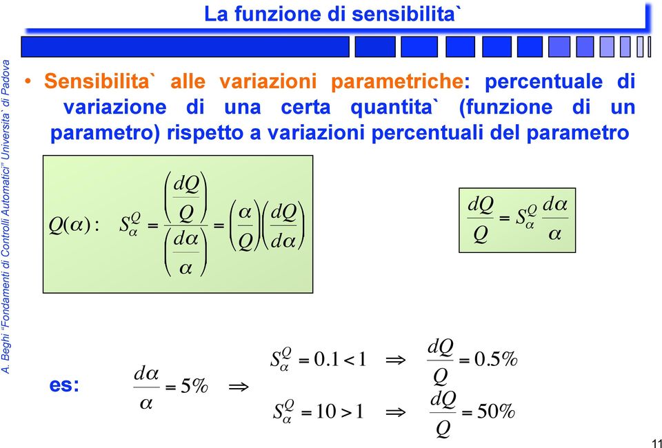 rispetto a variazioni percentuali del parametro dq Q(α) : S Q Q α = = α dα dq