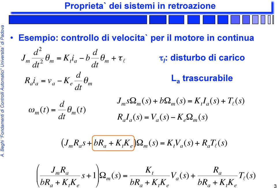 trascurabile J m sω m (s) bω m (s) = K t I a (s) T (s) R a I a (s) = V a (s) K e Ω m (s) ( J m R a s br a K t