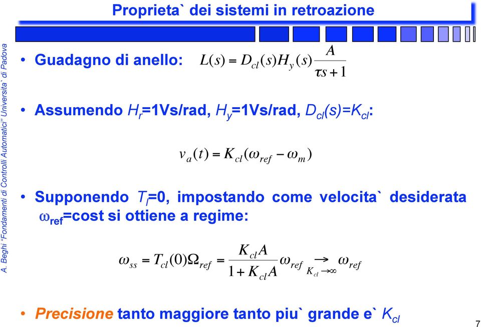 =cost si ottiene a regime: ω ss = T cl (0)Ω ref = L(s) = D cl (s)h y (s) v a (t) = K cl (ω