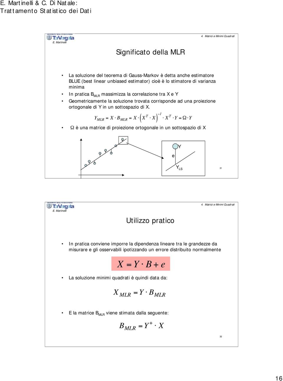 Y MLR = X B MLR = X X T X ( ) 1 X T Y = Y è una matrice di proiezione ortogonale in un sottospazio di X e Y Y LS 31 Utilizzo pratico In pratica conviene imporre la dipendenza lineare tra le