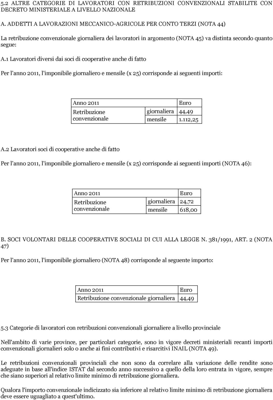 1 Lavoratori diversi dai soci di cooperative anche di fatto Per l anno 2011, l imponibile giornaliero e mensile (x 25) corrisponde ai seguenti importi: Anno 2011 Retribuzione convenzionale