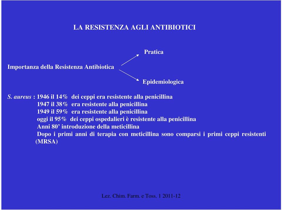 1949 il 59% era resistente alla penicillina oggi il 95% dei ceppi ospedalieri è resistente alla penicillina